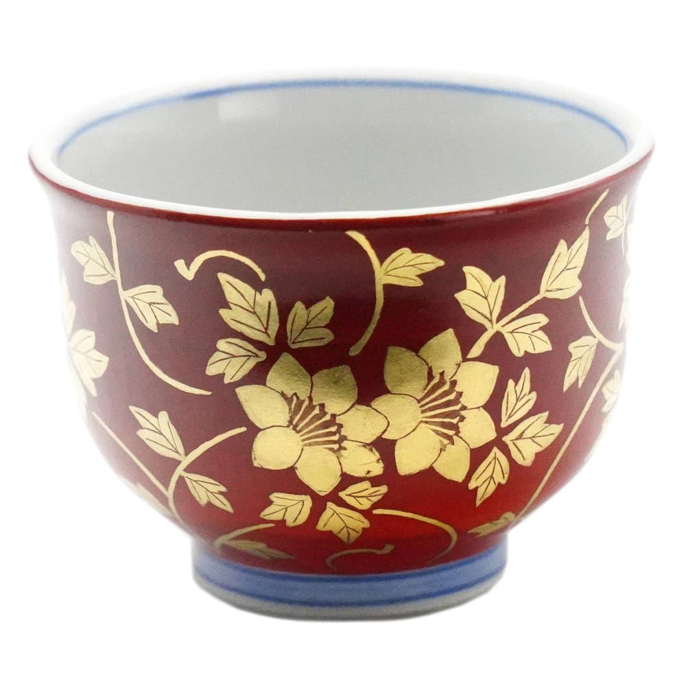 人間国宝吉田美統造九谷焼金襴手花唐草文ぐい呑み共箱栞付ぐい呑み