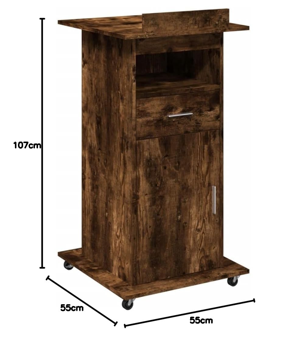 Desk Tavolo Gaming Scrivania Ufficio Tavolo Consolle Leggio con Ruote e Cassetto Rovere Fumo 55x55x107cm Multistrato per Sala Studio Camera Da Letto Studio Soggiorno