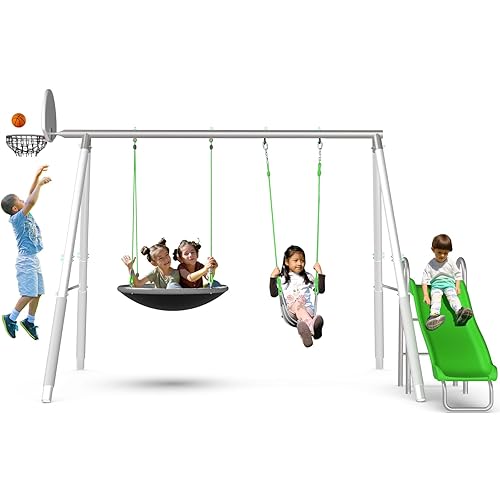 Sportspower Super Saucer Hoop and Swing - Juego de columpio para patio trasero al aire libre con aro de baloncesto, columpio de platillo, columpio