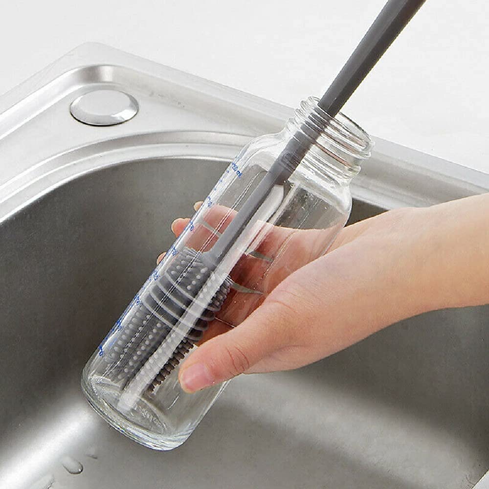 Giffy® Silicone TPR Made Bristles Bottle Cleaner Soft Brush for Baby Feeding Milk Bottle, Narrow Neck Jars, Sports Bottle, 13 Inch Long, Grey