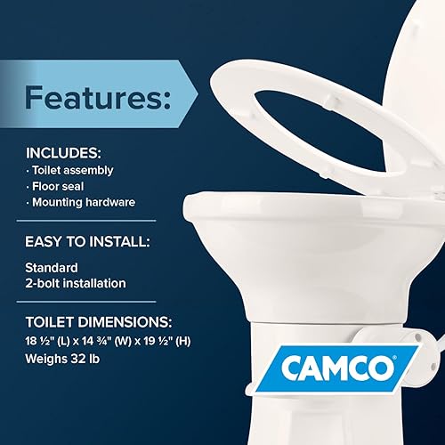 Miniatura 6 de Camco Inodoro de cerámica prémium para cámper o caravana, cuenta con sistema de descarga por gravedad con práctico pedal de pie, diseño ergonómico