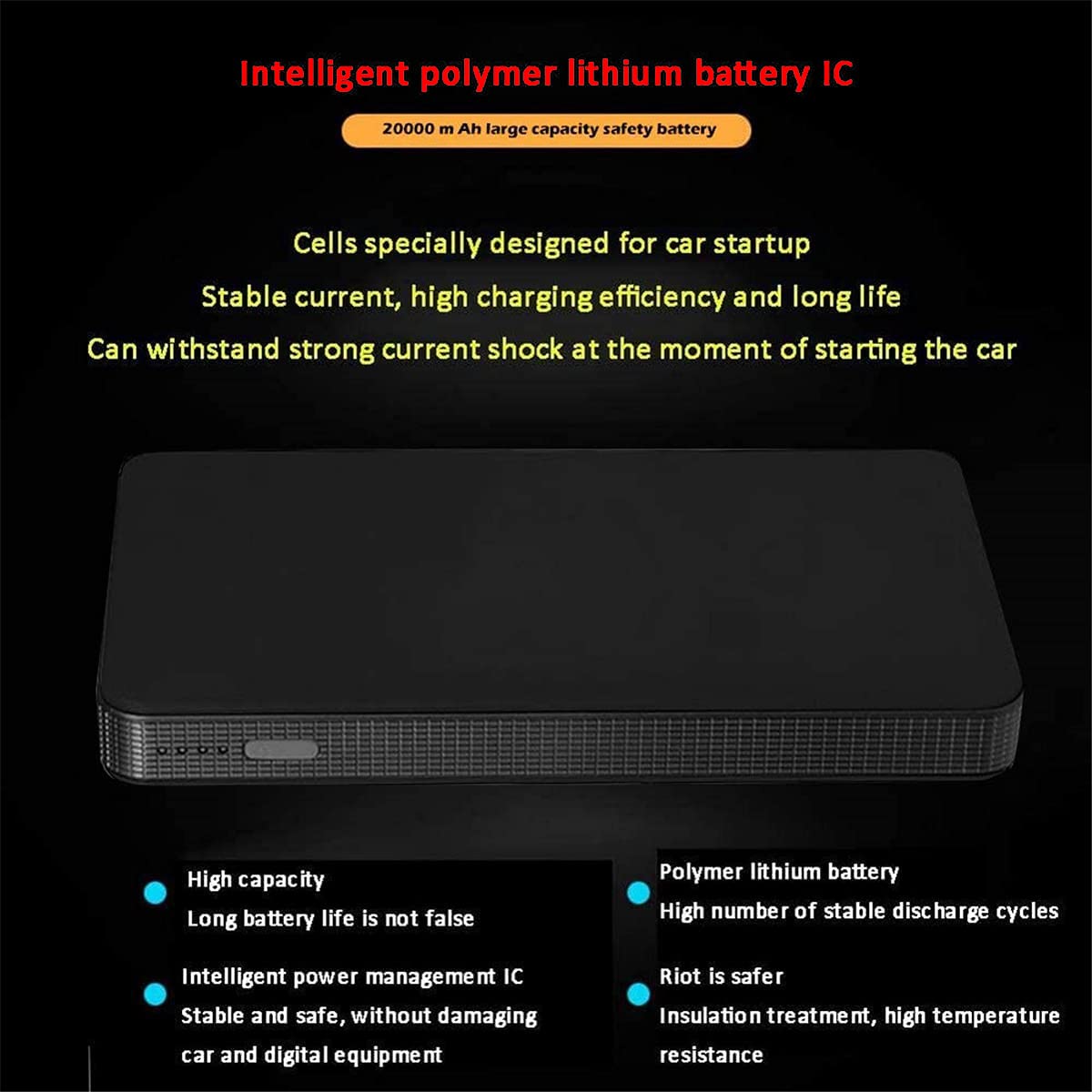 Arrancador de Coche de 12 V y 20 000 mAh, Amplificador portátil para Coche, Dispositivo de Arranque de Emergencia con Pinza, Linterna LED y Cable