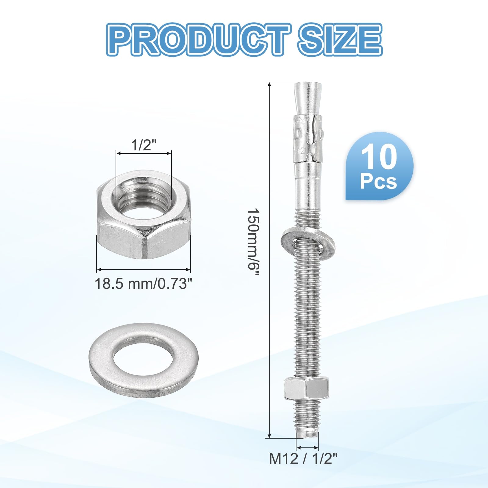 QUARKZMAN 10 Pc Ancora A Cuneo 1/2" x 6" Bulloni Per Calcestruzzo In Acciaio Inox Standard Resistente Per Supporto Parete Cemento (Include Dadi E Rondelle Tono Argento)