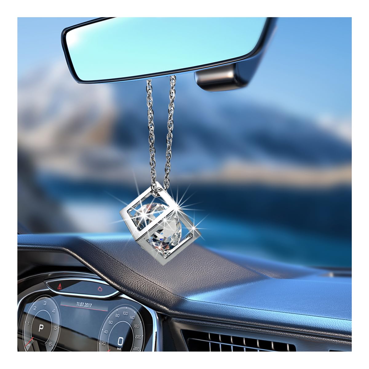 Yourkar Bling Car Rear View Mirror Charms, Sparkling Rhinestone Automotive Cube Hanging Ornament, Diamond Cube Rear View Mirror Charms for Most Vehicles, Universal Car Accessories (White)