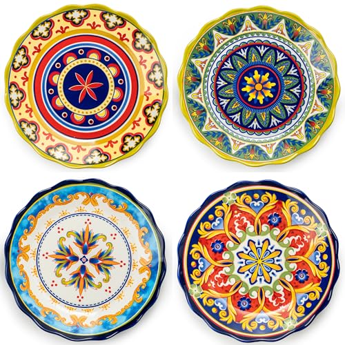UNICASA Ceramic Dinner Plate Set of 4, 10.5 Inch Porcelain Pasta Plates Set– Serving Dishes for Salad, Steak, Colorful Boho Decoration, Microwave & Dishwasher Safe