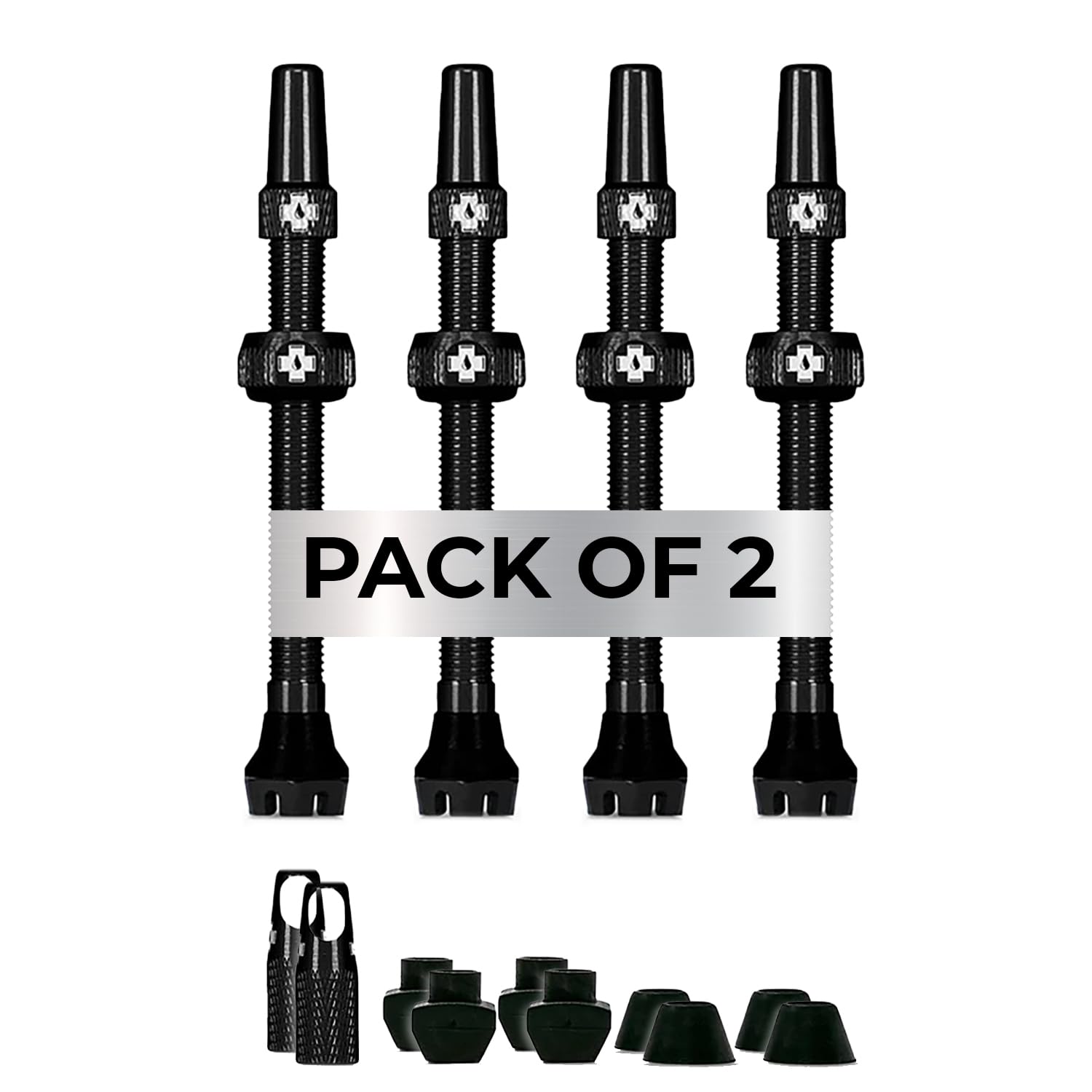 Muc-Off Tubeless Ventile V2 – 44 mm schwarz (2er-Pack) | 4 x 7075 Presta-Ventile aus Flugzeugaluminium mit Kernentfernungswerkzeug | 44 mm/60 mm/80 mm – 10 eloxierte Farboptionen | passend für MTB