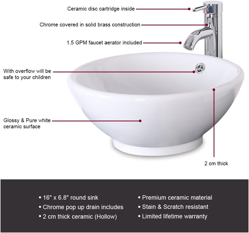 One-Day Sale: Up to 50% Off eclife 24'' Modern Bathroom Vanity and Sink Combo Stand Cabinet,White Round Ceramic Vessel Sink W/Overflow,Chrome Bathroom Solid Brass Faucet, Pop Up Drain(Contemporary/White Ceramic Round Sink)