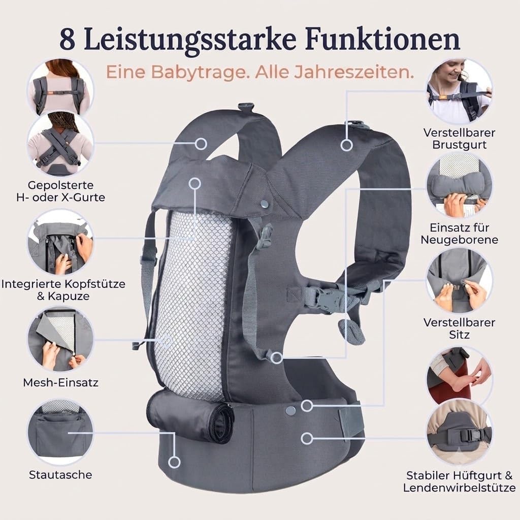 Beco 8 Babytrage Neugeborene ab Geburt bis Kleinkind - Cool Hybrid Baby Trage mit verstellbarem Sitz - Babytrage ab Geburt - Ergonomischer Baby Tragegurt & Baby Carrier - 3-20 kg (Dunkelgrau)