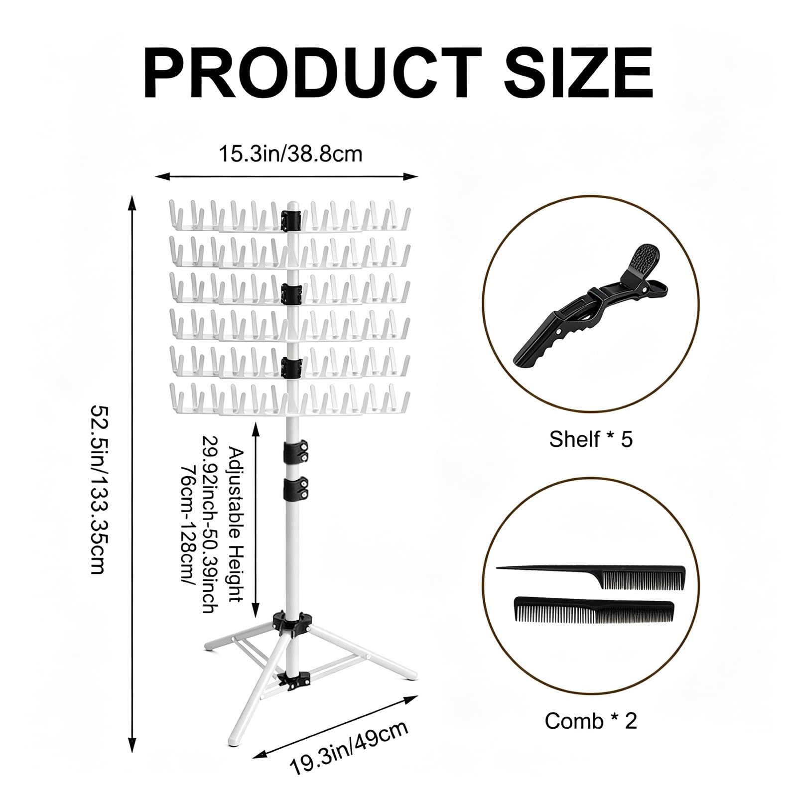 Braiding Hair Rack regolabile in altezza e pieghevole – 144 perni extension per capelli con fermagli per capelli + pettini, supporto per parrucchieri e trecce (bianco)