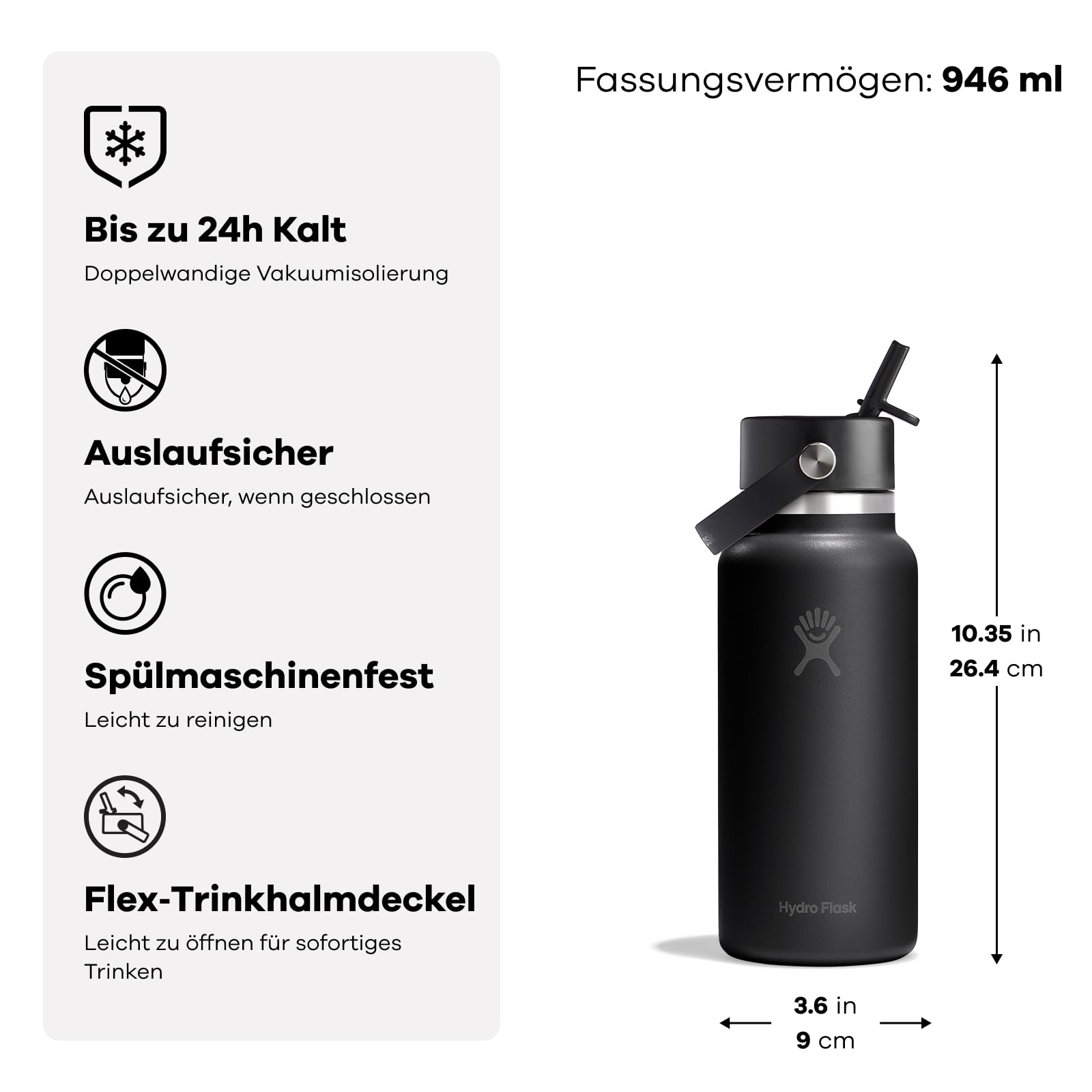 Hydro Flask – Wide Flex Straw Cap 946 ml (32 oz) Flasche – Edelstahl, auslaufsicherer Strohhalm, spülmaschinenfest – Isoliert, 24 Std. kalt – Weithals, eiswürfelfreundlich – Birch