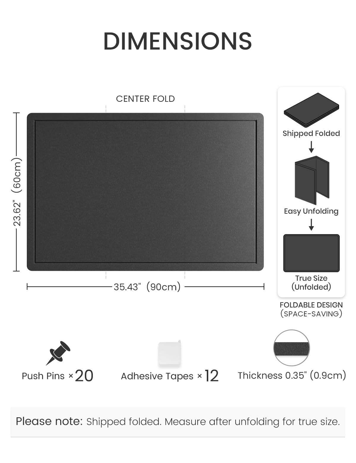 Fluxynara Filz Pinnwand 90 x 60 cm, Korktafel-Alternative mit 12 abnehmbaren Klebepads, faltbares Filz-Memoboard, Visionboard & Fotowand für Büro, Homeoffice, Kinderzimmer & Flur — Schwarz