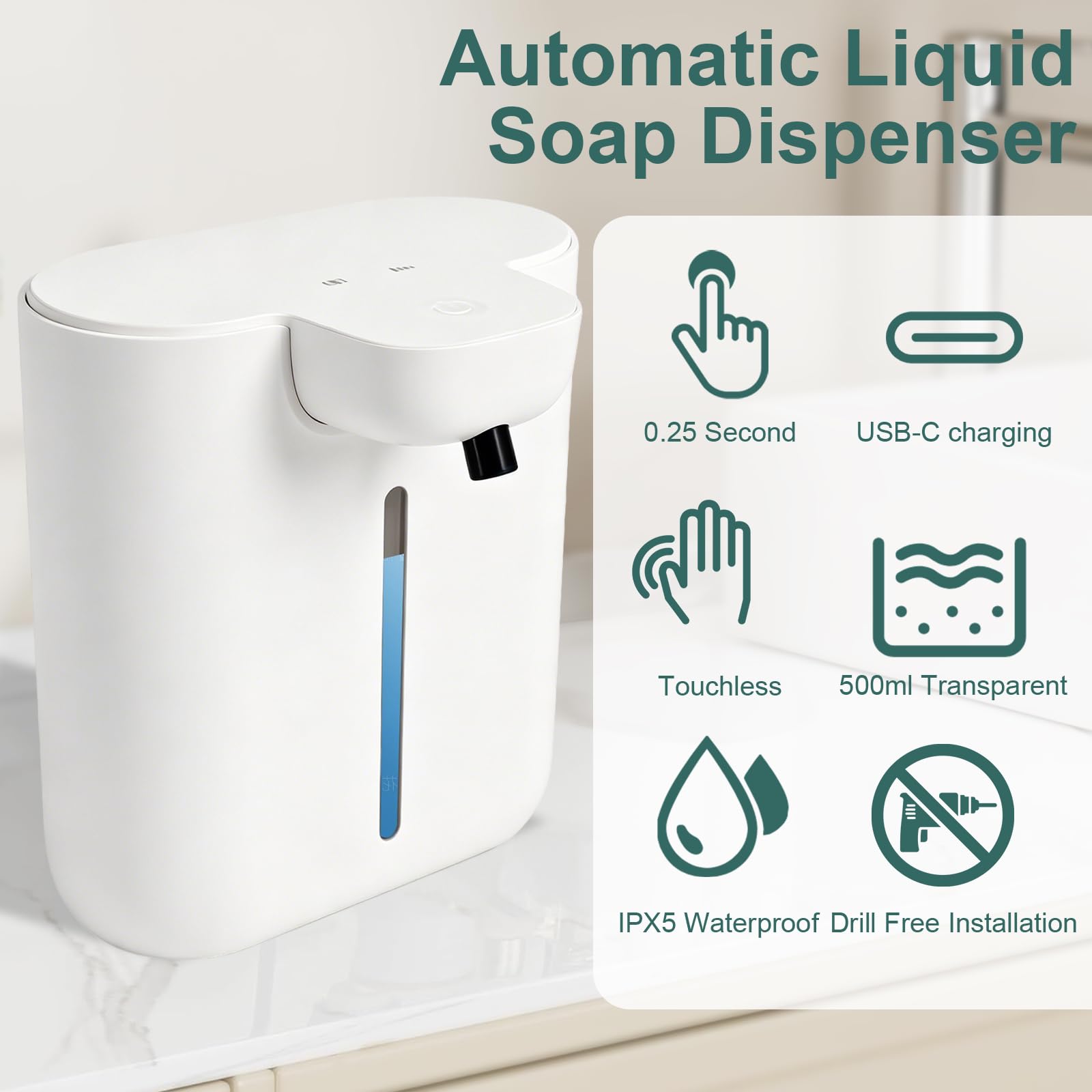 Seifenspender Automatisch, 500ml Elektrischer Seifenspender mit Sensor IPX5 Wasserdicht Flüssigseifenspender, Wandbefestigung Automatisch Seifenspender für Bad Küche Büro