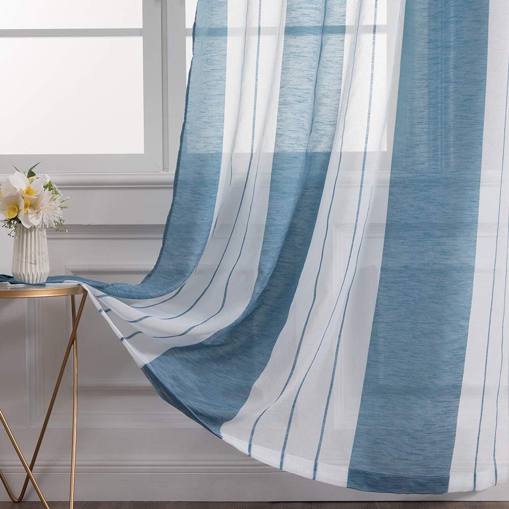 MIULEE Tende a Righe per Interni, Tende Trasparenti in Voile Tende Camera da Letto, Tenda Salotto Moderne con Anelli, Tenda a Pannello da Interno Finestra a Righe Bianche e Blu Denim, 2x 140x245 CM