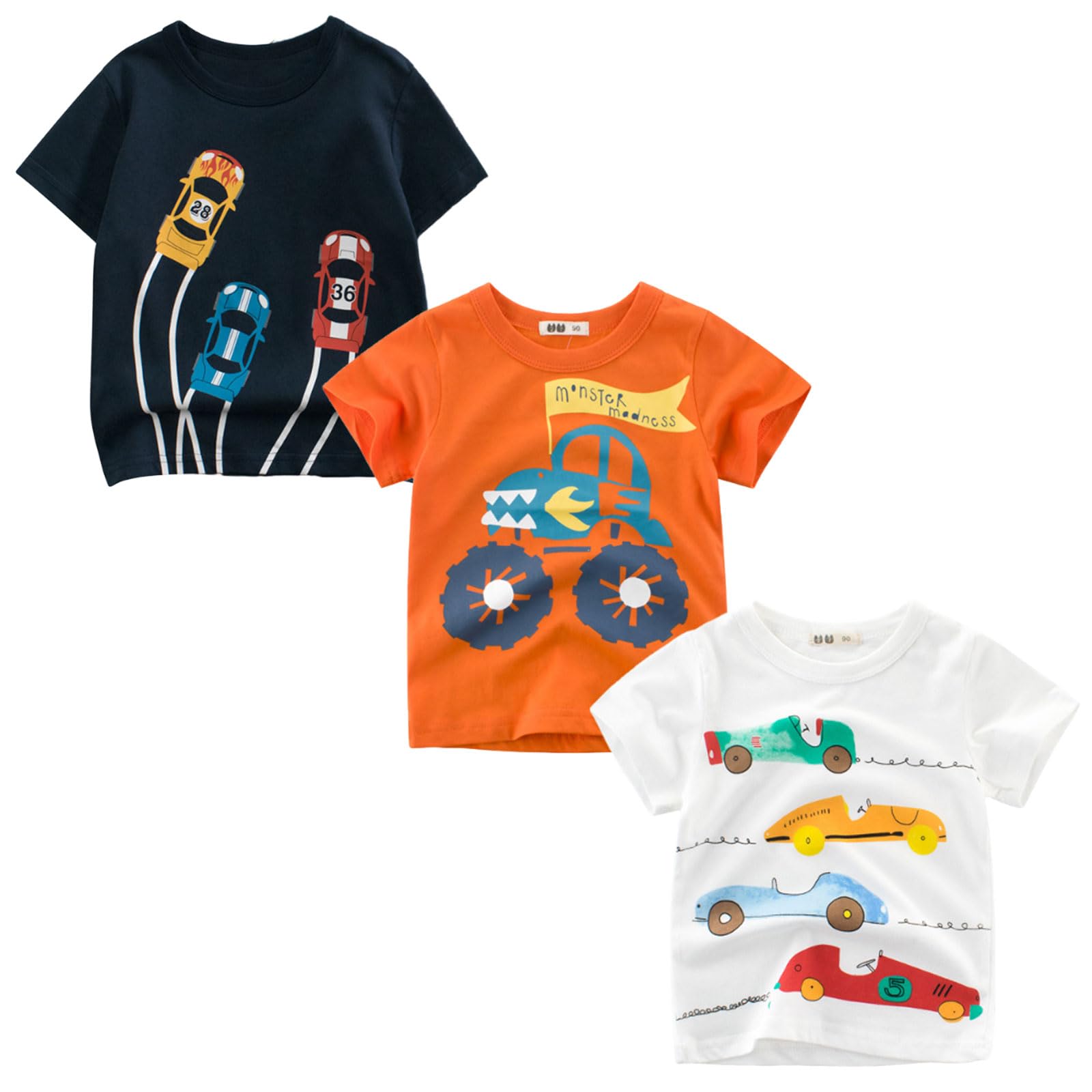 Tee Shirt Enfant Garçon T-Shirts à Manches Courtes Vetement Bébé Garçon 3 Pièces Coton Imprimé Cartoon Col Rond Été Top pour 2-7 Ans