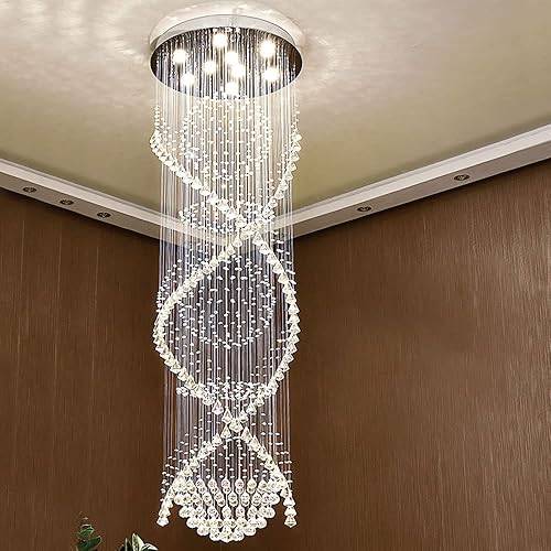 7PM Chandelier for Staircase, Luxury Large Foyer Chandelier, Modern Crystal Round Raindrop Chandeliers Flush Mount Ceiling Light Fixtures for Spiral Staircase, Foyer, Entryway, High Ceiling