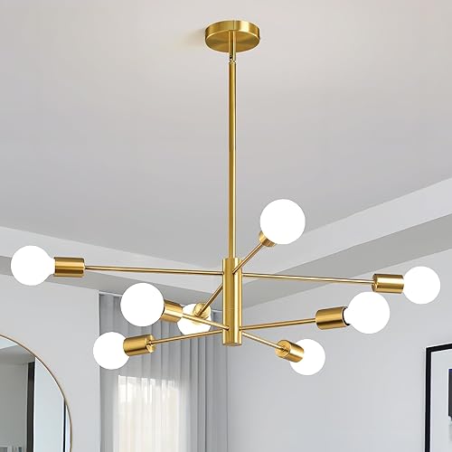 KAISITE Lámpara moderna Sputnik de techo con 8 luces, lámpara dorada para comedor, altura ajustable, mediados de siglo, lámpara colgante de techo