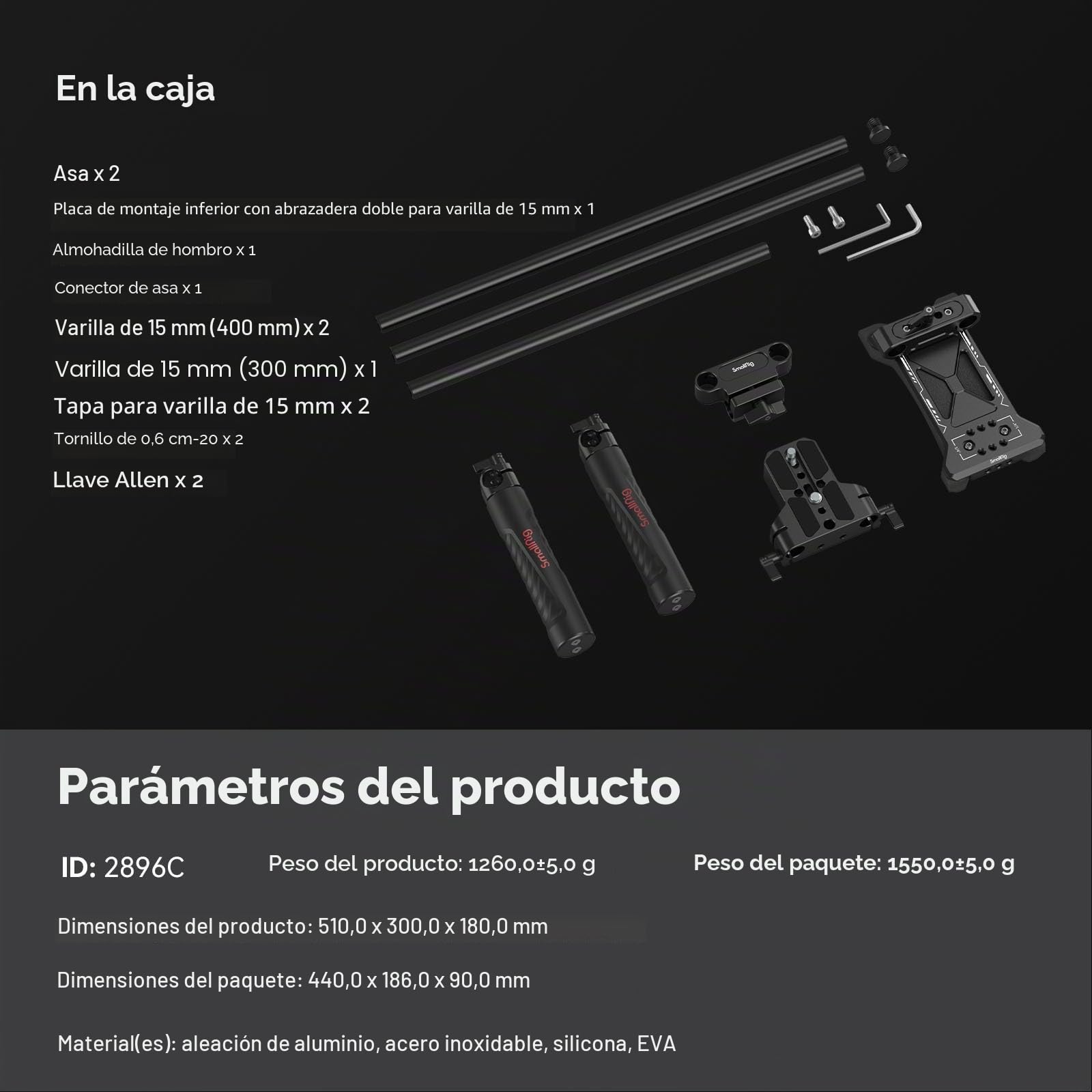 SMALLRIG Kit Universal de Soporte de Hombro para Cámara, 40 cm, Sistema de Varilla Extendida de 15 mm, Estabilizador para Videocámara DSLR y Hacer Películas
