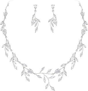 EVERFAITH Sparkly Cubic Zirconia Pear-Shaped Birthstone Leaf Necklace Earrings Set for Bride Bridesmaid Wedding Prom