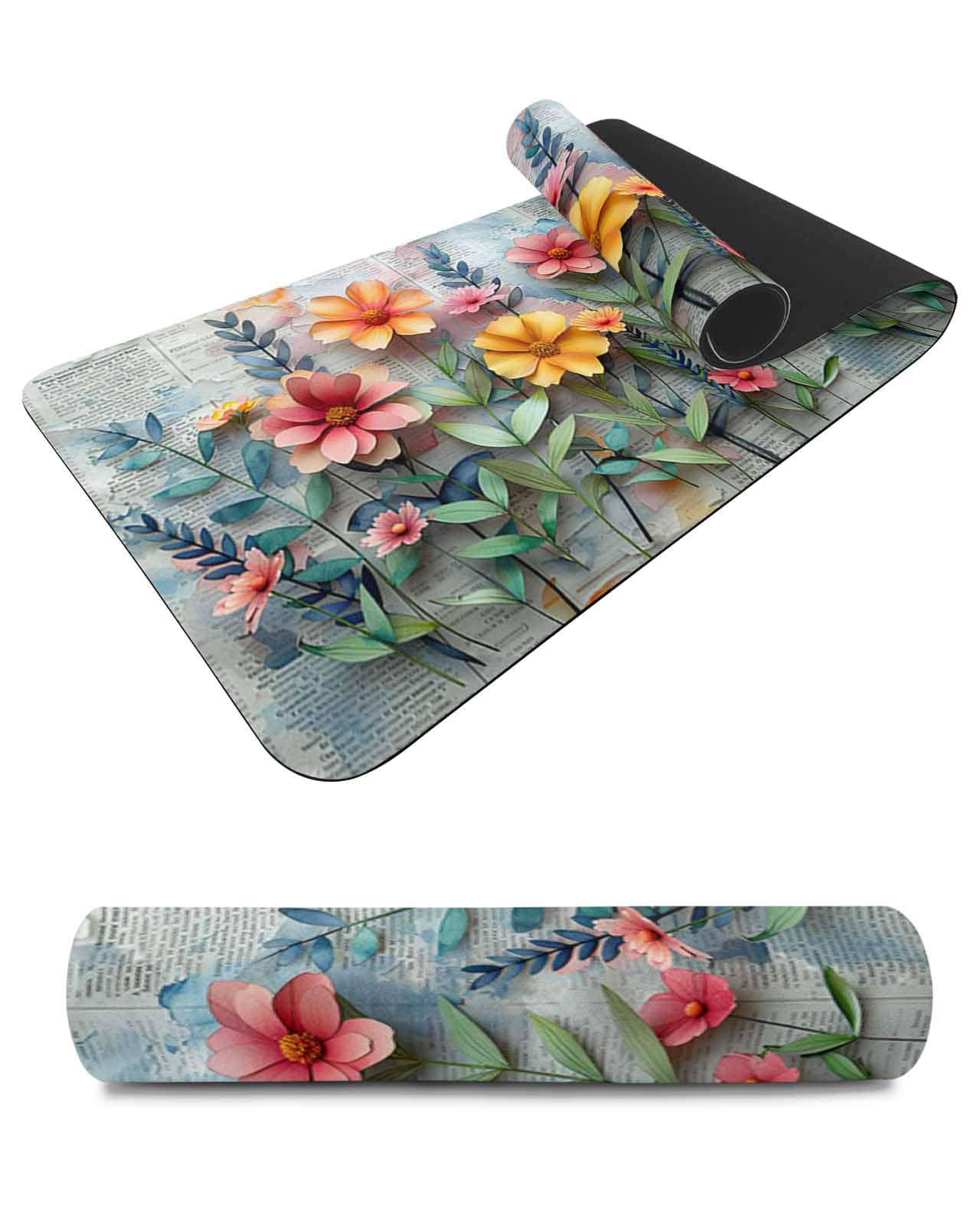 Debedcor Heat Proof Table Pads Waterproof Decorative, Farmhouse Floral Non-Slip Table Countertop Protector, Watercolor Botanical Newspaper Insulation Mat for Dining Room, 48 x 12 Inches