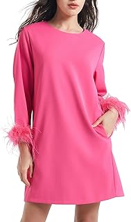 Women Feather Dress Round Neck Casual 3/4 Feather Sleeves Party Dress El...