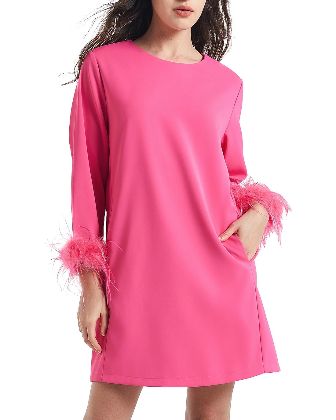 D-Sun Women Feather Dress Round Neck Casual 3/4 Feather Sleeves Party Dress Elegant Wedding Guest Cocktail Mini Dresses