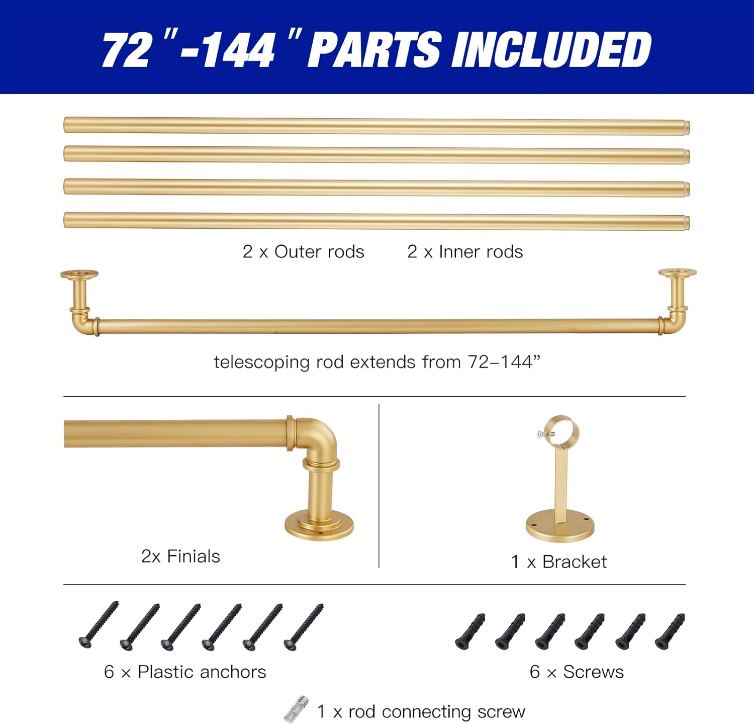 Wayolte Industrial Curtain Rods for Windows: Pipe Curtain Rod for Windows 66 to 120 Inch, Rustic Wrap Around Curtain Rod Fits for Blackout Curtain,Adjustable Curtain Rods for Outdoor & Indoor (Gold) : Home & Kitchen