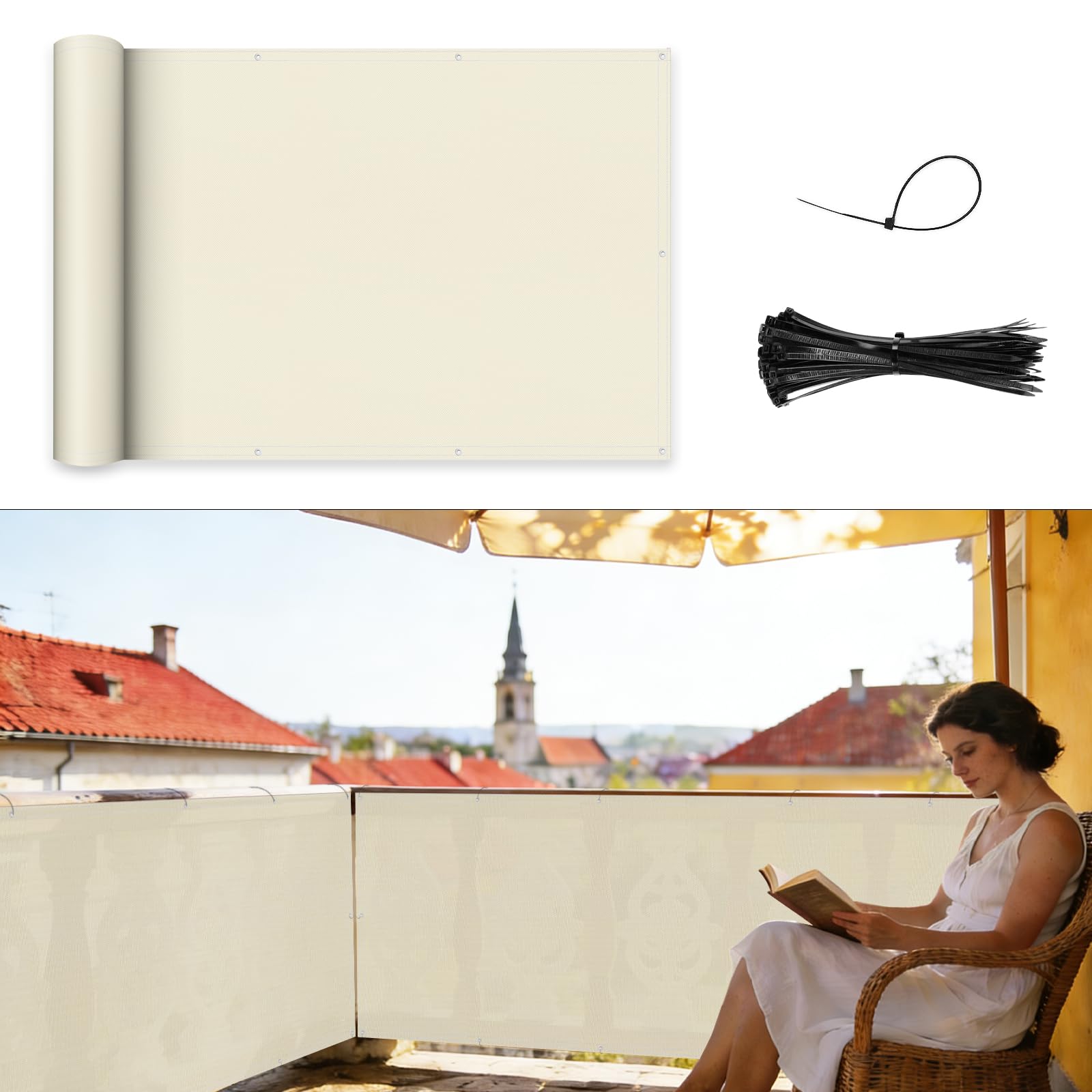 Shade&Beyond Brise Vue Balcon 100x500cm Imperméable, Protection UV, Résistant au Vent, avec Trous et Serre-Câbles pour Terrasse Extérieure,Blanc cassé