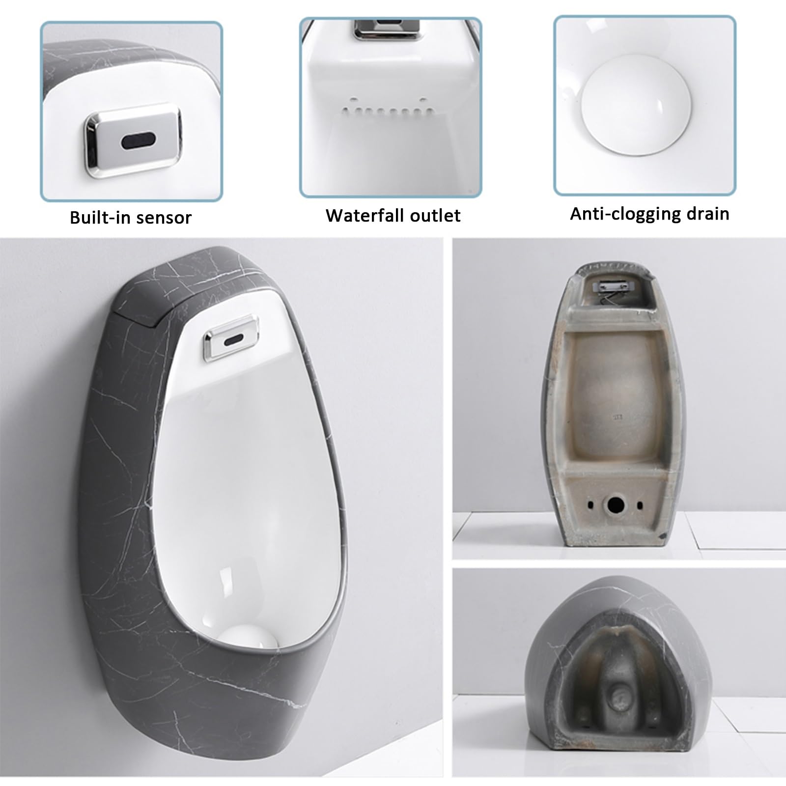 Orinatoio da Uomo a Parete, Scarico Automatico con Sensore Intelligente, Orinatoi in Ceramica Anti-Schizzi, per Bagno, Hotel, Negozi (Scarico a Parete)