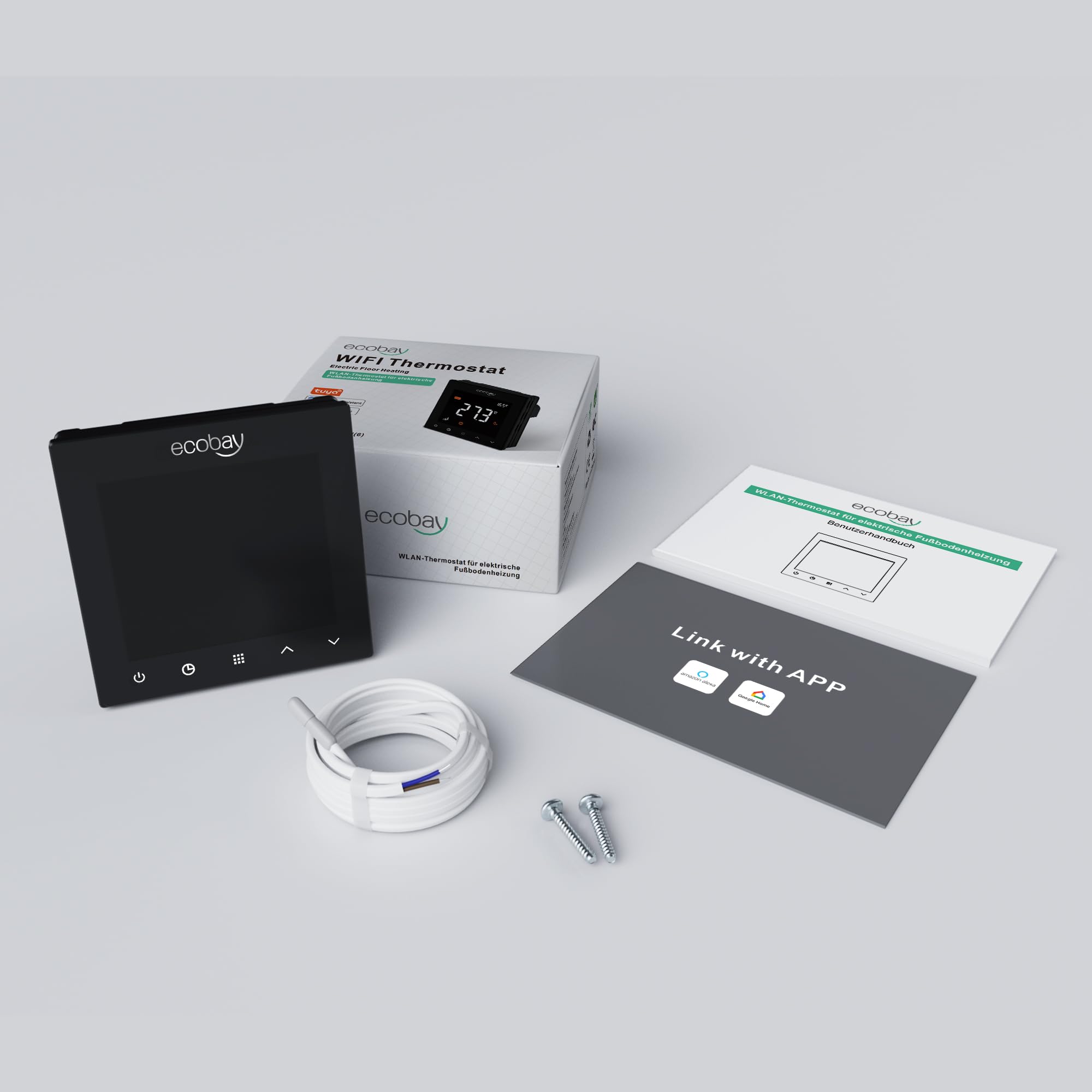 WLAN-Thermostat für elektrische Fußbodenheizung: Kompatibel mit Heizmatten und -kabeln, APP- und Sprachsteuerung (Alexa, Google Assistant), 240 V 16 A, Bodenschutzmodus, mit 100K NTC-Sensor