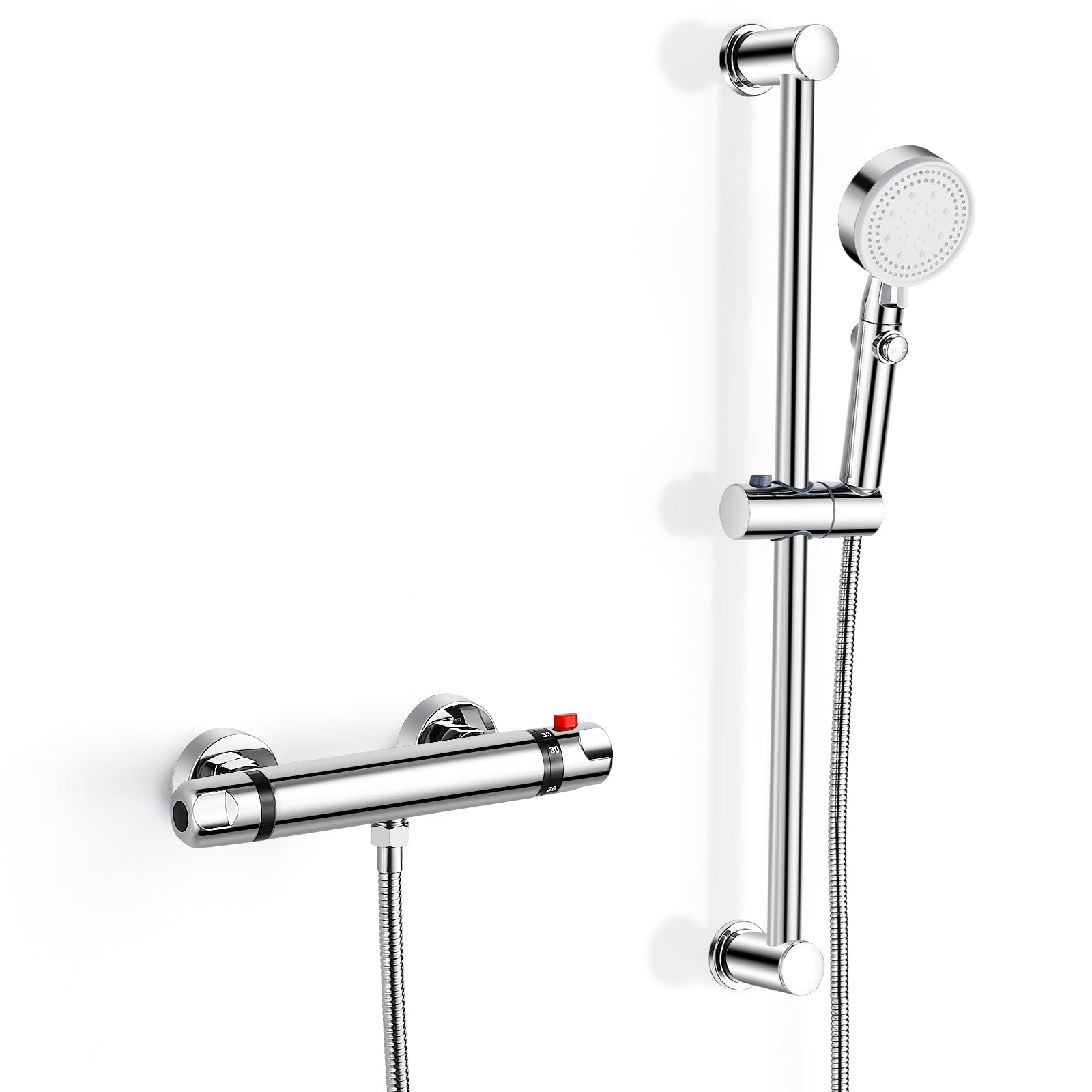 Ensemble de Douche avec Mitigeur Thermostatique avec Barre 635mm en Laiton | Système de Douche Thermostatique avec Mitigeur,Réglable Barre,Douchette à Main 5 Jets, Flexible Tuyau 1.5M, G 1/2", Chromé