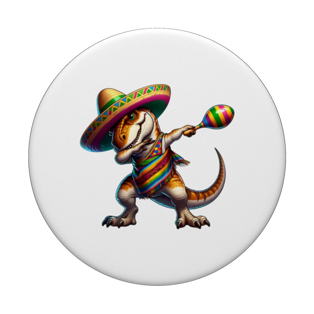 Dabbing T Rex Dinosaur Cinco De Mayo Sombrero Poncho Fiesta PopSockets Swappable PopGrip, Black - Image 3