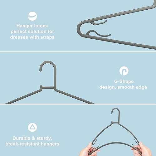 Miniatura 3 de Perchas de plástico, paquete de 50 perchas ligeras y duraderas con ganchos, tamaño estándar, en forma de G y antideslizantes, para uso diario (gris)