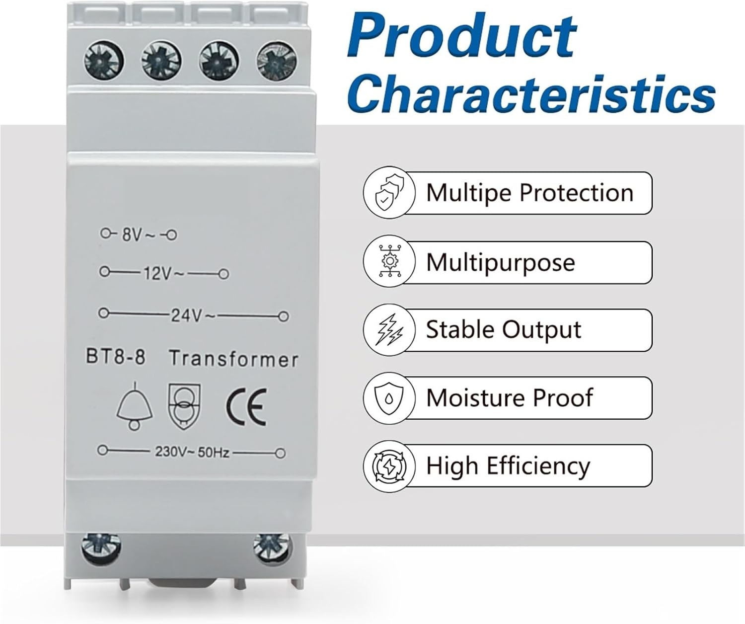 BT8-8 Doorbell Transformer 8/12/24V CE Approved Compatible with Ring/Bell/Bell Smart Rail Type doorbell Protector Rated Voltage