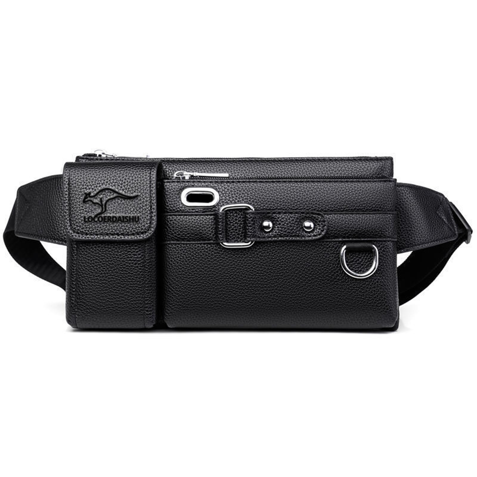 Genuine Leather Bum Bag, Unisex Waist Fanny Pack with Zippered Pockets, Large Capacity Travel Money Belt for Passport, Phone, Dog Walking, Festivals, Hiking, Running (Black)