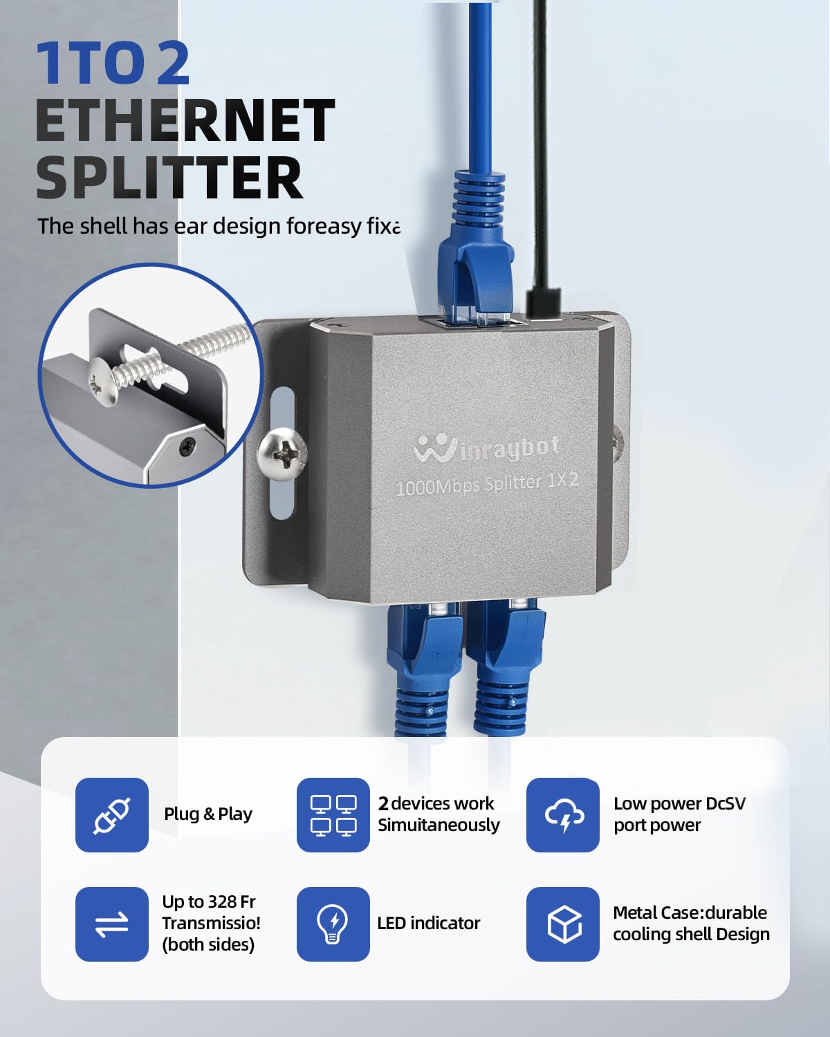 Répartiteur Ethernet 1 vers 2 - Répartiteur de câble Ethernet RJ45 fixable - Commutateur Ethernet 2 ports - 1000 Mbit/s - Pour câble Cat 5/5e/6/7/8, peut être fixé au mur