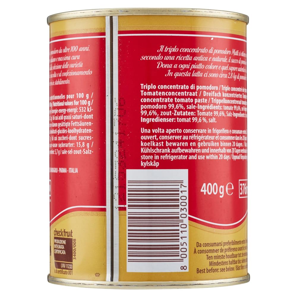 Mutti Triplo Concentrato Di Pomodoro - Triple concentré de tomates - 100 % tomates italiennes - Boîte de 400 g