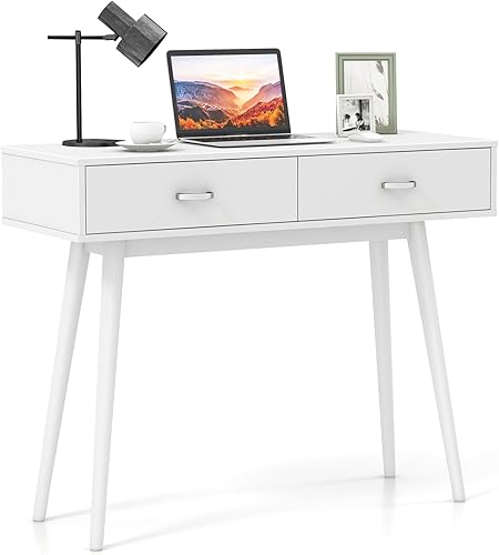 Tangkula Escritorio de mediados de siglo con 2 cajones, moderno escritorio de estudio con patas de madera de goma maciza, escritorio para