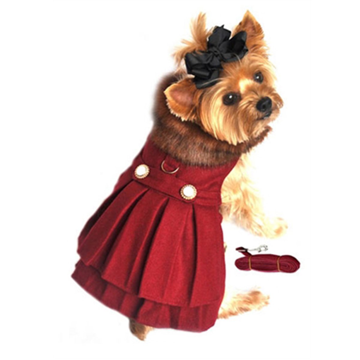 Burgundy Wool with Fur Collar Harness Coat for Dogs (XS (10