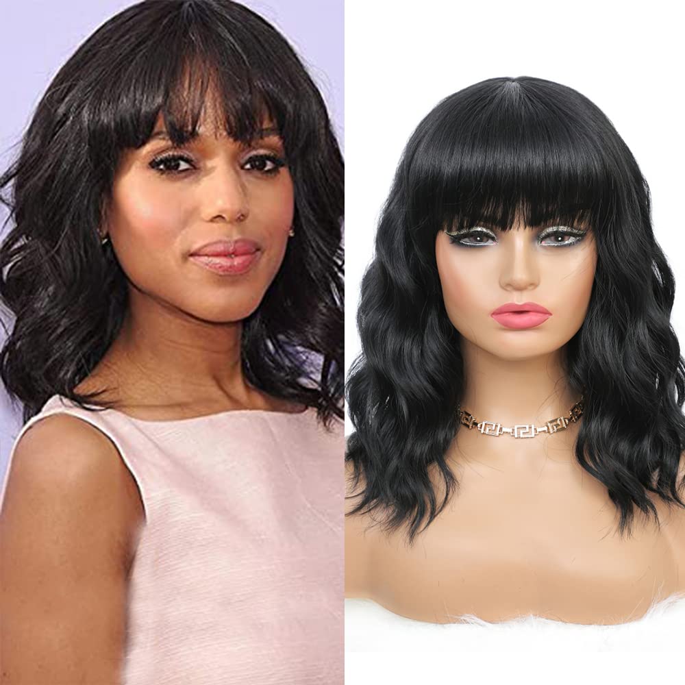 Short Black Bob Wig with Bangs for Women Short Wavy Synthetic Curly Bob