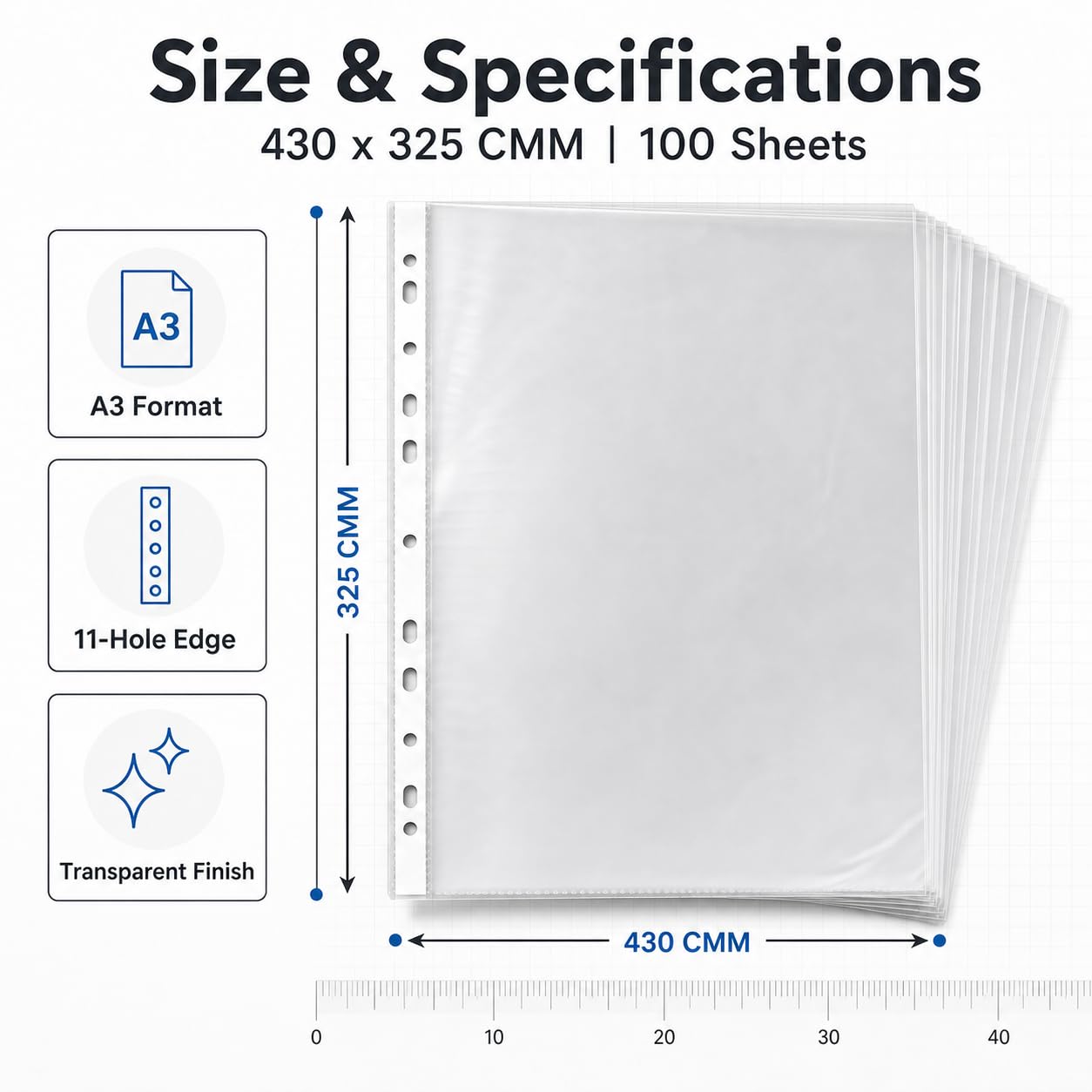 Lot de 100 pochettes transparentes A3, pochettes transparentes DIN A3, feuilles en plastique transparent, pochettes perforées en plastique transparent pour dossiers A3, documents, papiers