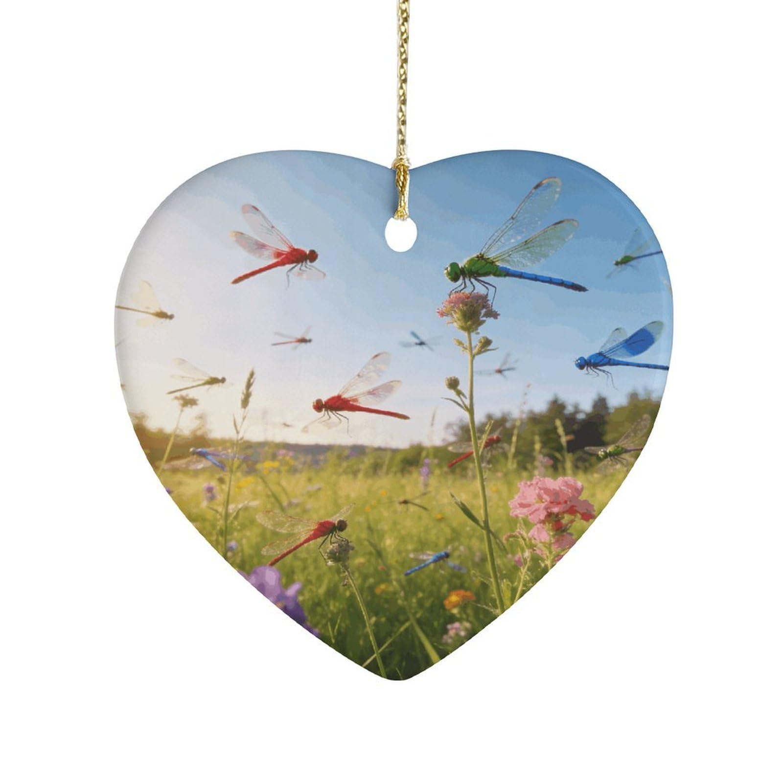 Khauerbc Style Dragonfly Meadowheart Shaped Ceramic Ornament With String,Ceramic Ornament,Two-Sided Printed For Christmas Tree And Holiday Decoration