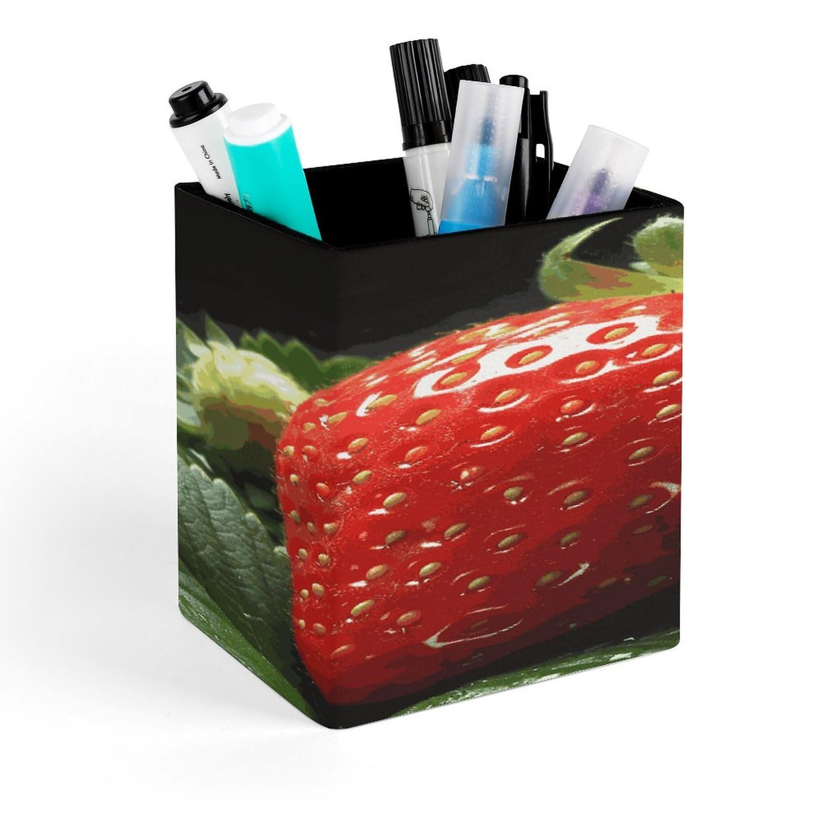 MUSM Fruit Strawberry Pen Holder Square PU Leather Desktop Organizer And Makeup Brush Holder Storage Box Modern Design Stationery Organizer for Office Desk Accessory