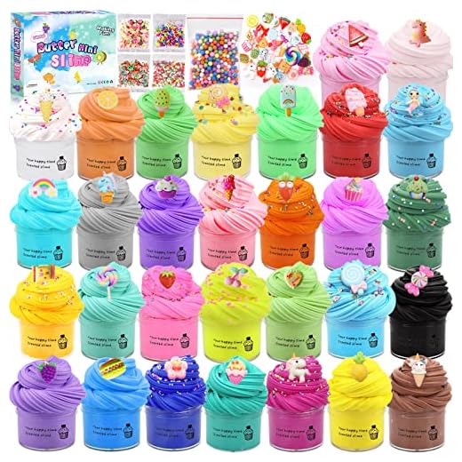 30 pcs Mini Slime Fluffy kit pour Enfants Butter Slime avec Breloques de Mini Slime,Cotillons de Slime Parfumés,Jouet de Mastic Anti-Stress de Bricolage Déjà Fait Cadeau Jouet