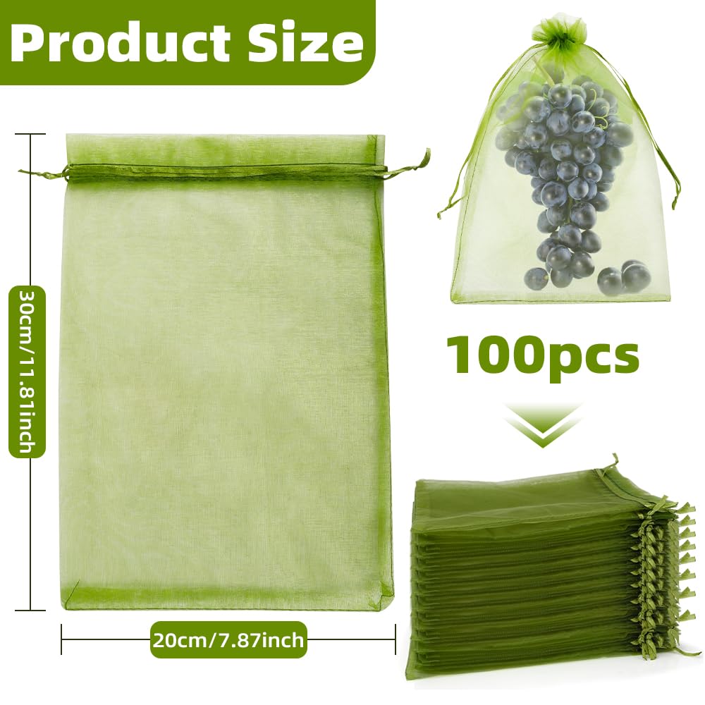 100 bolsas de protección de frutas de 8 x 12 pulgadas, bolsas de red de frutas para árboles frutales, bolsas de malla con cordón, bolsas de organza reutilizables, barrera de plagas para proteger