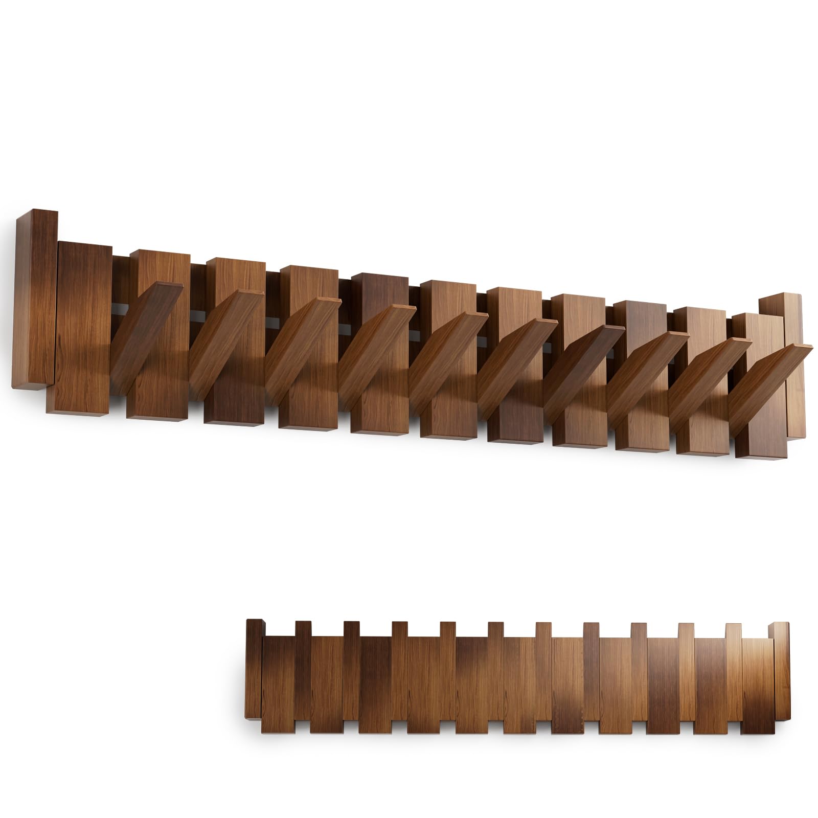 Wooden Coat Rack, Wall Mounted Handmade Natural Hook, Space-Saving Coat Hanger with 10 Flip-Down Hooks for Entryway, Bedroom, Bathroom Decoration (Walnut W1, 10 Hooks)
