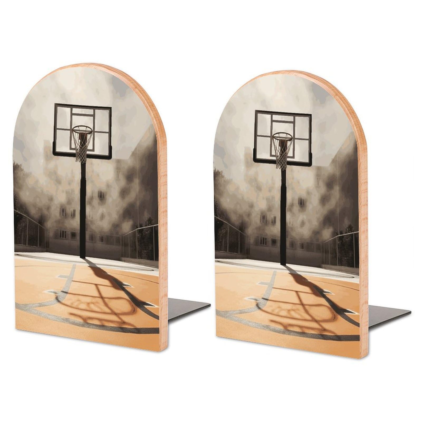 Serre-livres de bureau en bois et métal anti-chute motif Terrain de Basket-ball