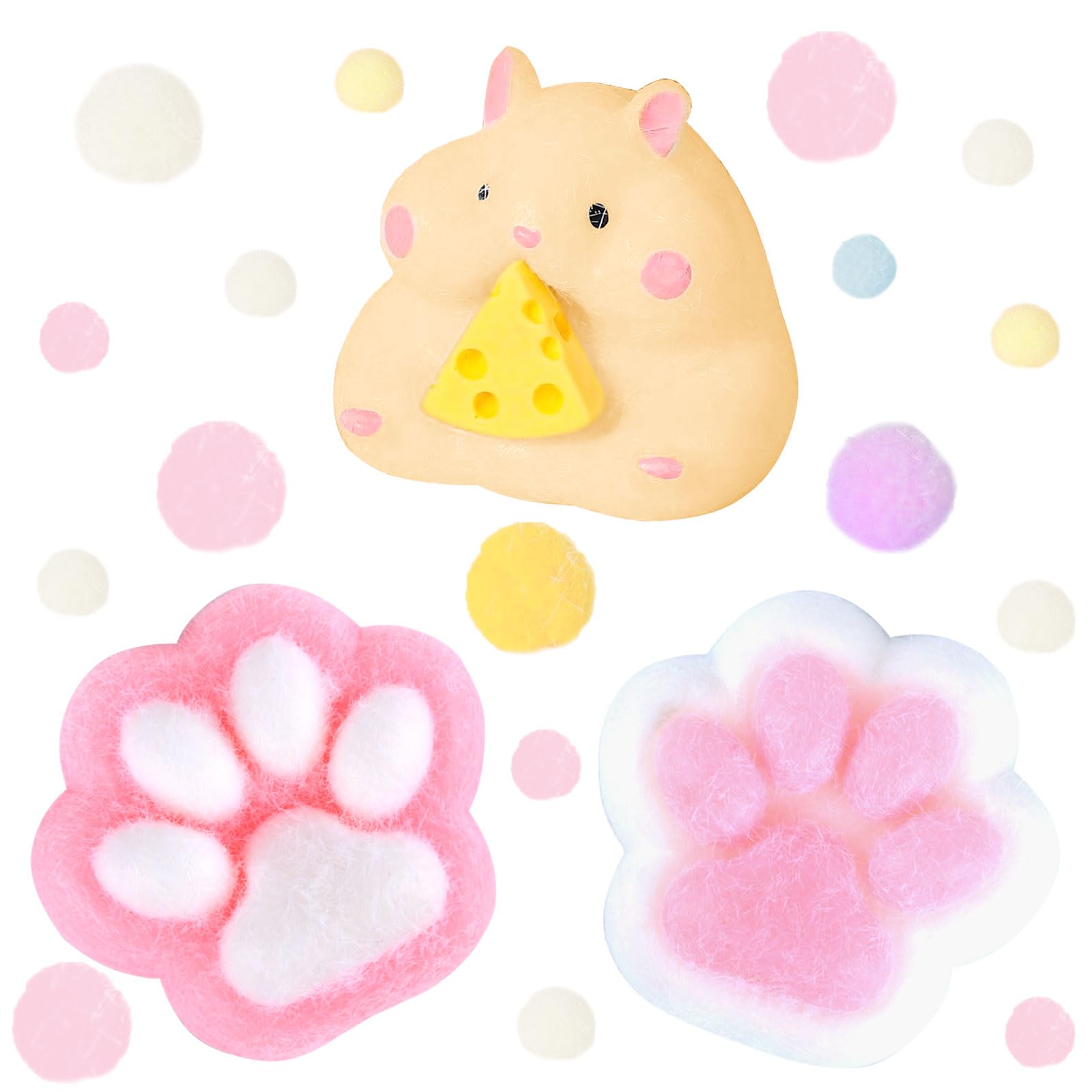 AWAVM 3PCS Hamster Squishy Cat Paw Squishy Toys Taba Squishy Paw Toys Stress Relief for Kids Adults Fufu Squishy Hamster Set for Anxiety Portable Taba Squishy Kit Oreo Squishy for Party Favors