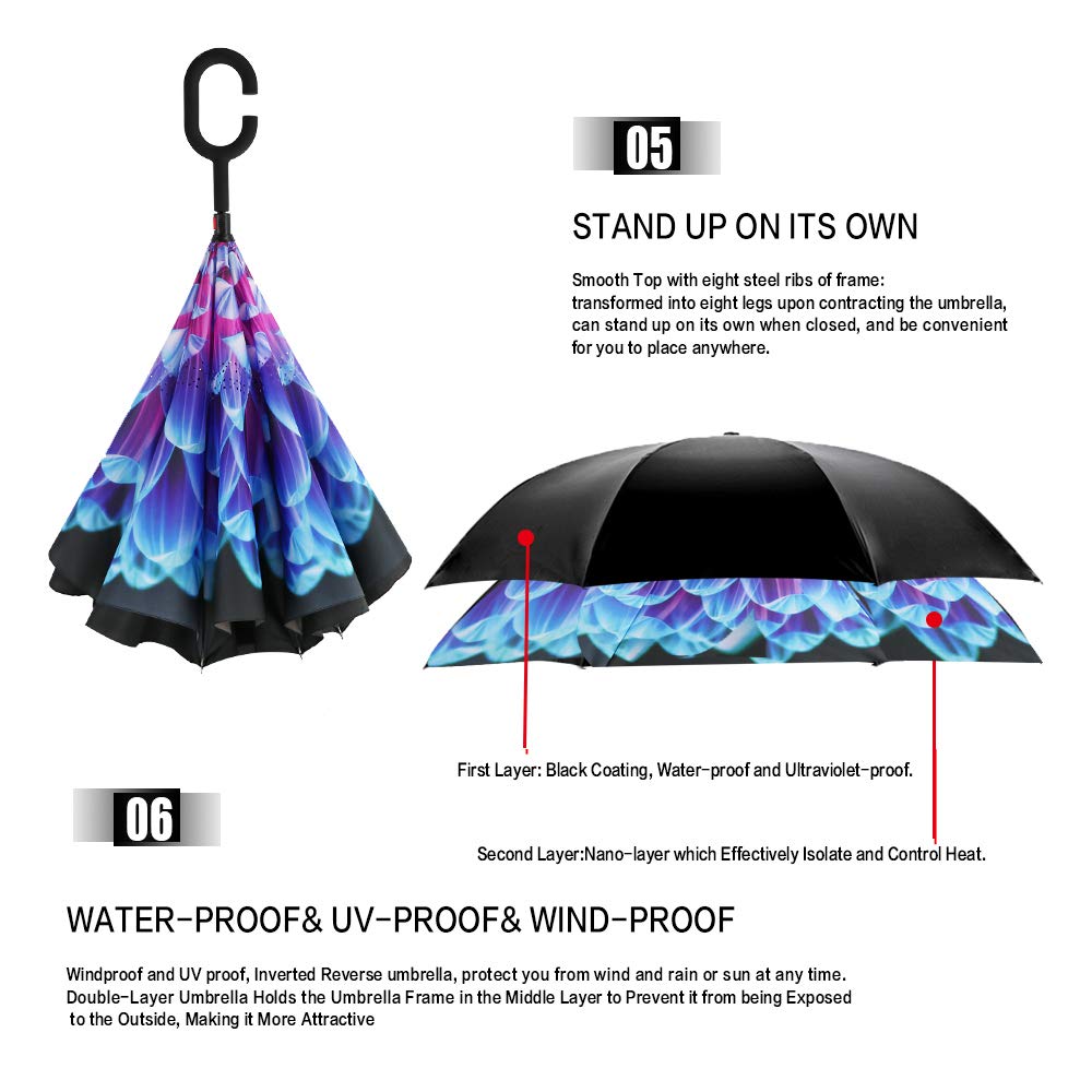 MRTLLOA Regenschirm, doppellagig, übergroßer, winddichter, umgekehrter Regenschirm, C-förmiger Griff für Herren, Damen und Kinder, 101,6 cm, 124,5 cm, 142,2 cm (Orchidee, 124,5 cm)
