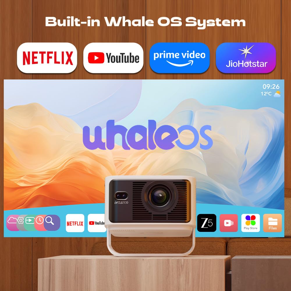 WZATCO Yuva Vibe Pro Certified Netflix Smart Home Native 1080P Projector 4k Ultra hd, Fully Automatic, 1000 ANSI, Sealed Engine, HDMI ARC, Sealed Engine, Voice Remote — Amazon image 3