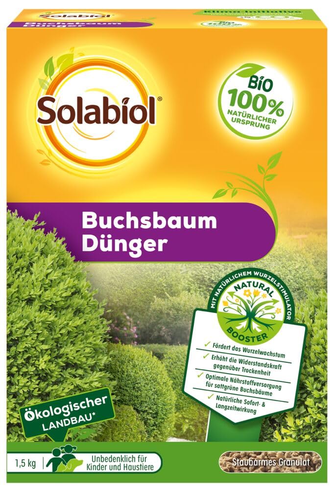Solabiol Buchsbaum-Dünger, 100% organischer Langzeitdünger für Buchsbäume mit Wurzelaktivator, 1,5 kg